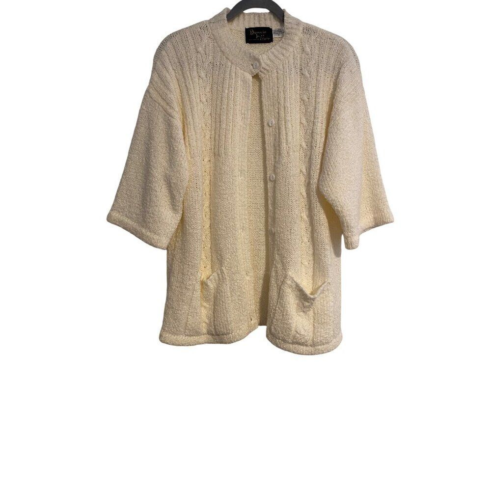 Vintage Bonnie Lee Women L/XL Ivory Knit Button-Front Cardigan Sweater Pockets